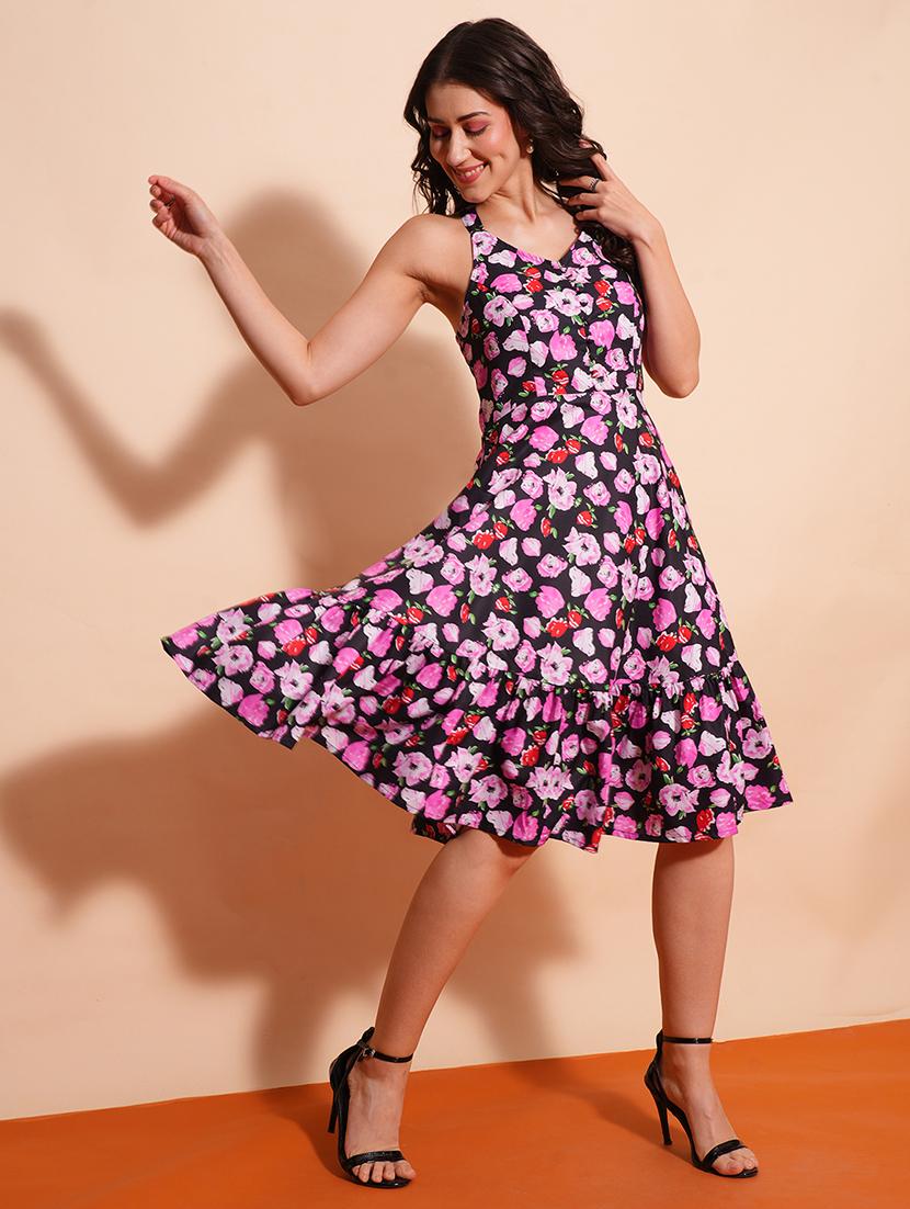 globus women multi halter neck floral printed button detail fit & flare midi dress - 21554199 - Zoom Image - 0
