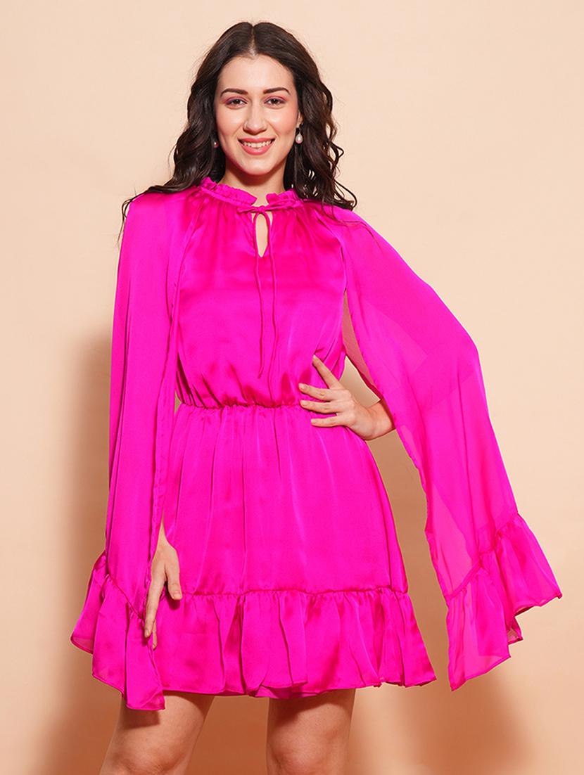 globus women pink frilled tie-up neck long cape sleeves tiered fit & flare party dress - 21554201 - Zoom Image - 0