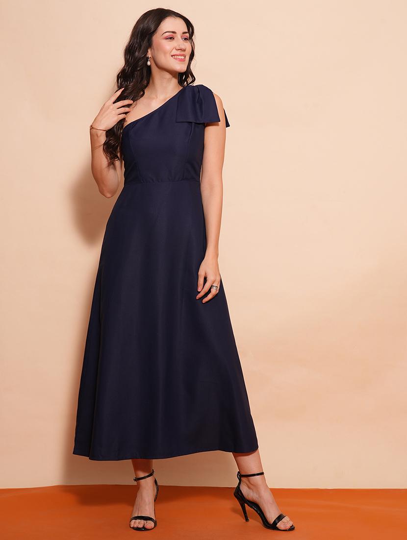 globus women navy blue one shoulder bow detail a-line maxi party dress - 21554202 - Zoom Image - 0