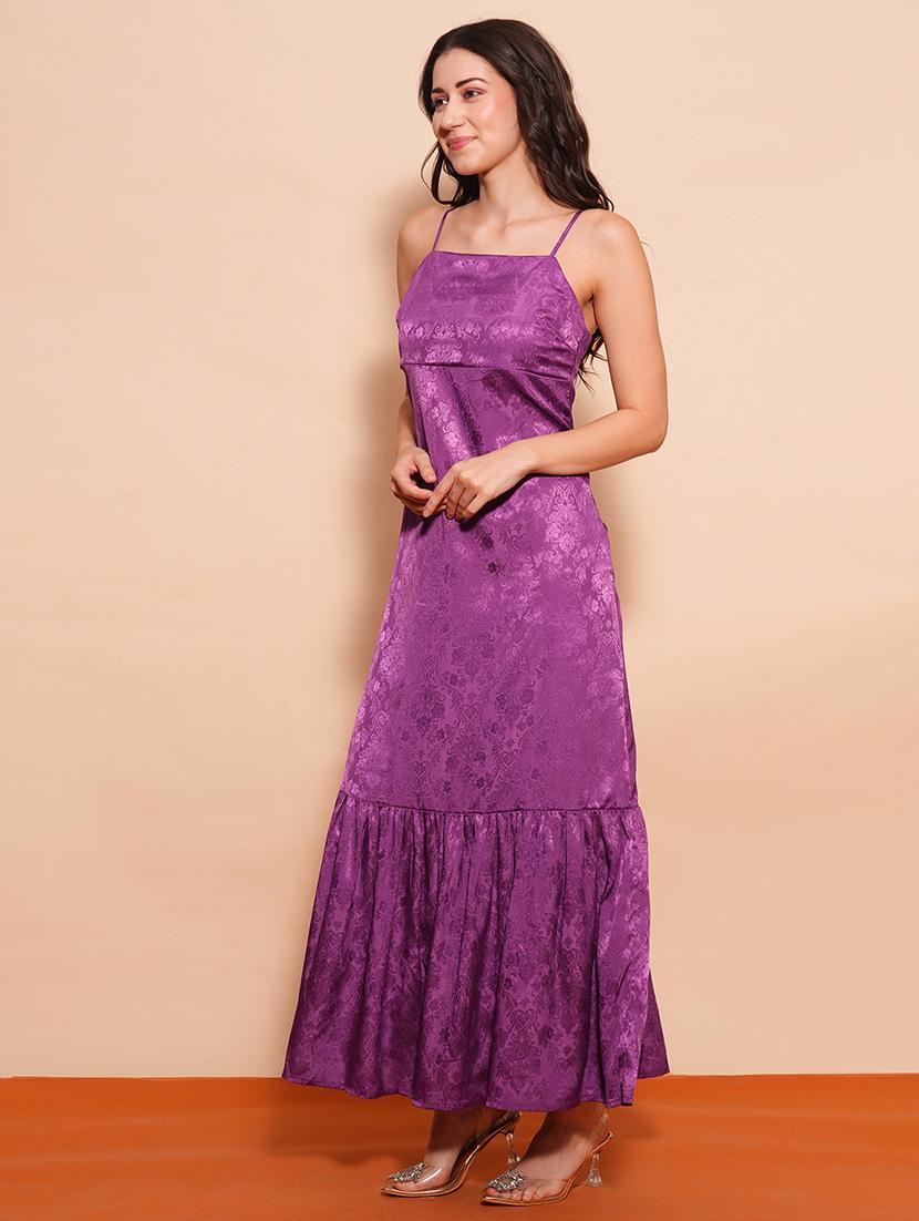 globus women purple square neck strappy shoulder ethnic self design back button detail fit & flare maxi party dress - 21554206 -  Zoom Image - 0