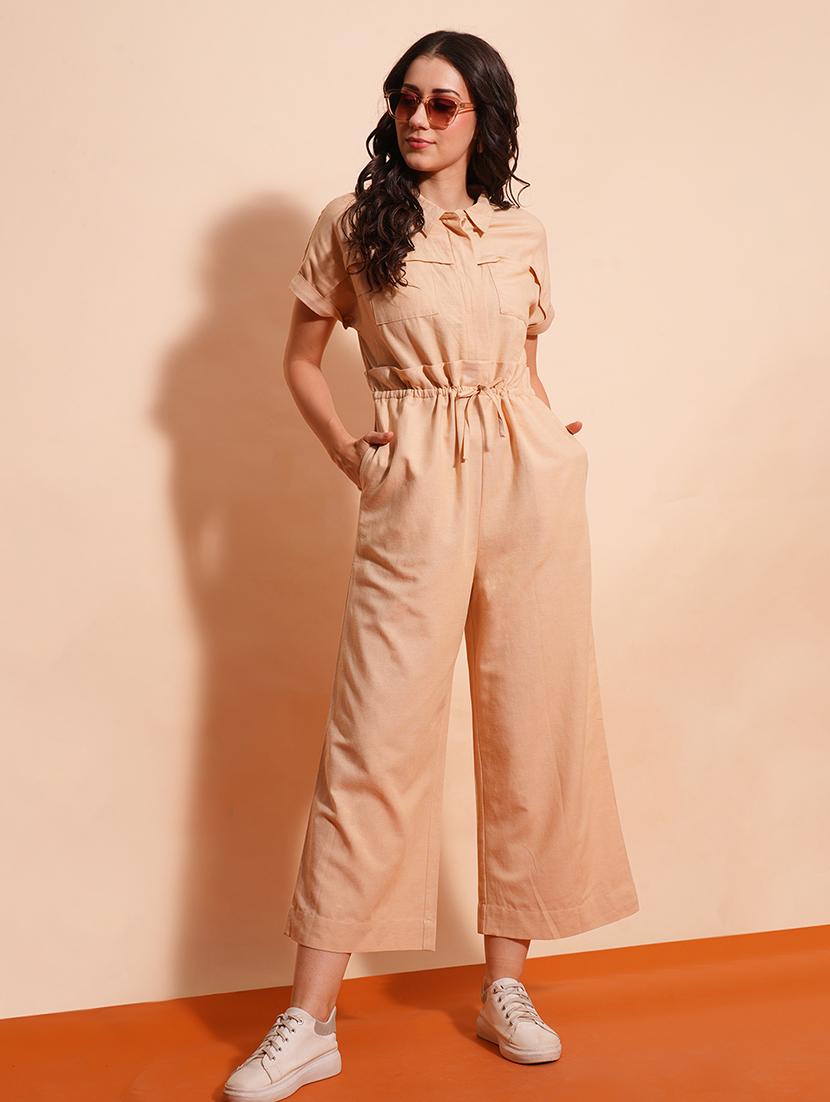 globus women beige shirt collar waist tie-ups cargo style wide leg casual jumpsuit - 21554217 - Zoom Image - 0