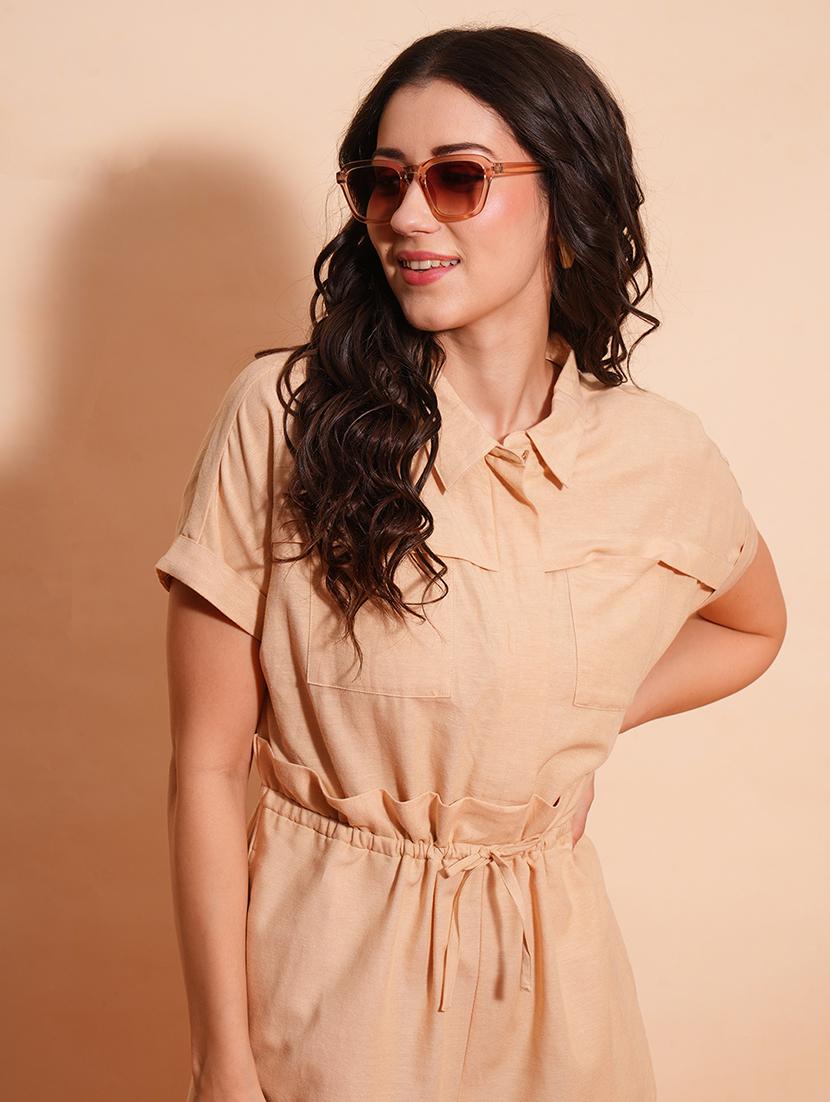 globus women beige shirt collar waist tie-ups cargo style wide leg casual jumpsuit - 21554217 - Standard Image - 3