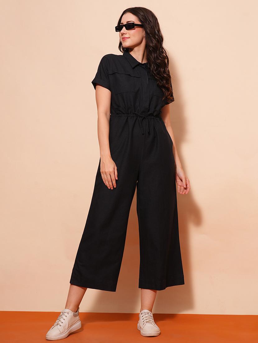 globus women black shirt collar waist tie-ups cargo style wide leg casual jumpsuit - 21554218 - Zoom Image - 0
