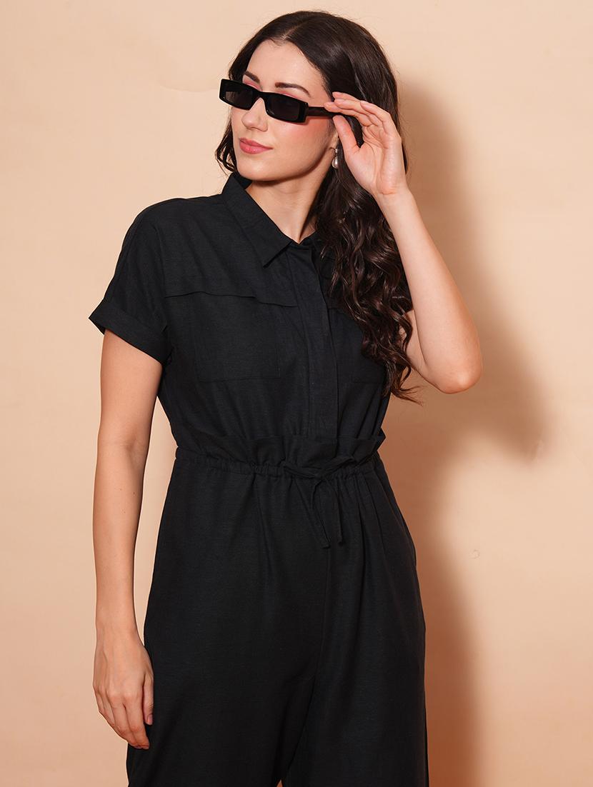 globus women black shirt collar waist tie-ups cargo style wide leg casual jumpsuit - 21554218 - Standard Image - 3