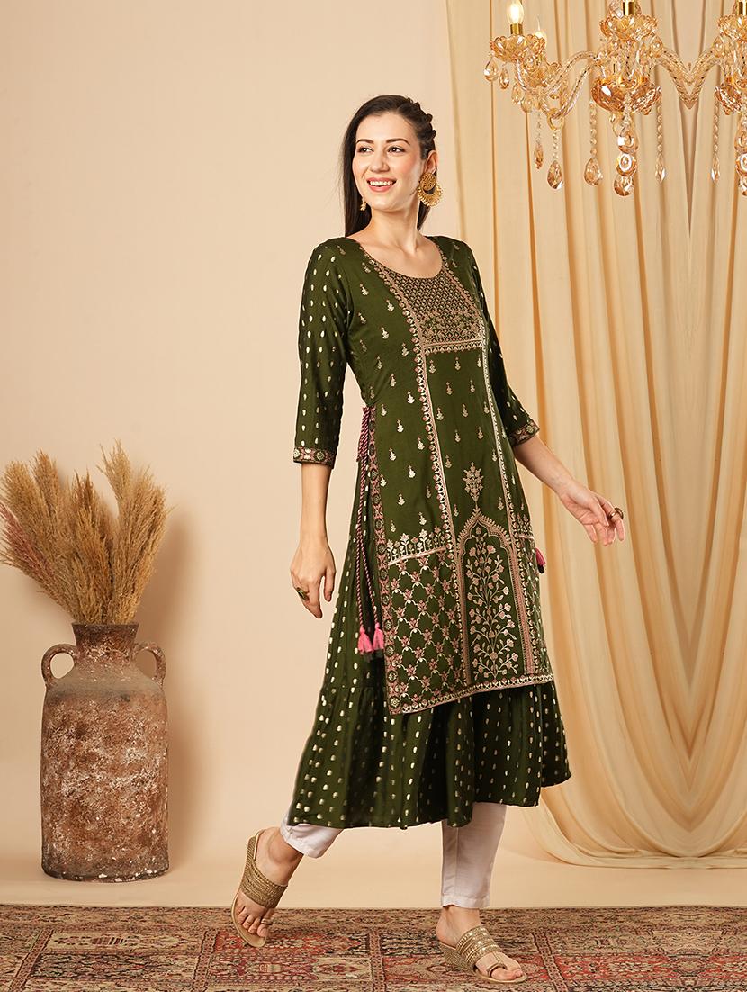 globus women green gold foil ethnic & floral print layered a-line festive kurta - 21554219 - Zoom Image - 0
