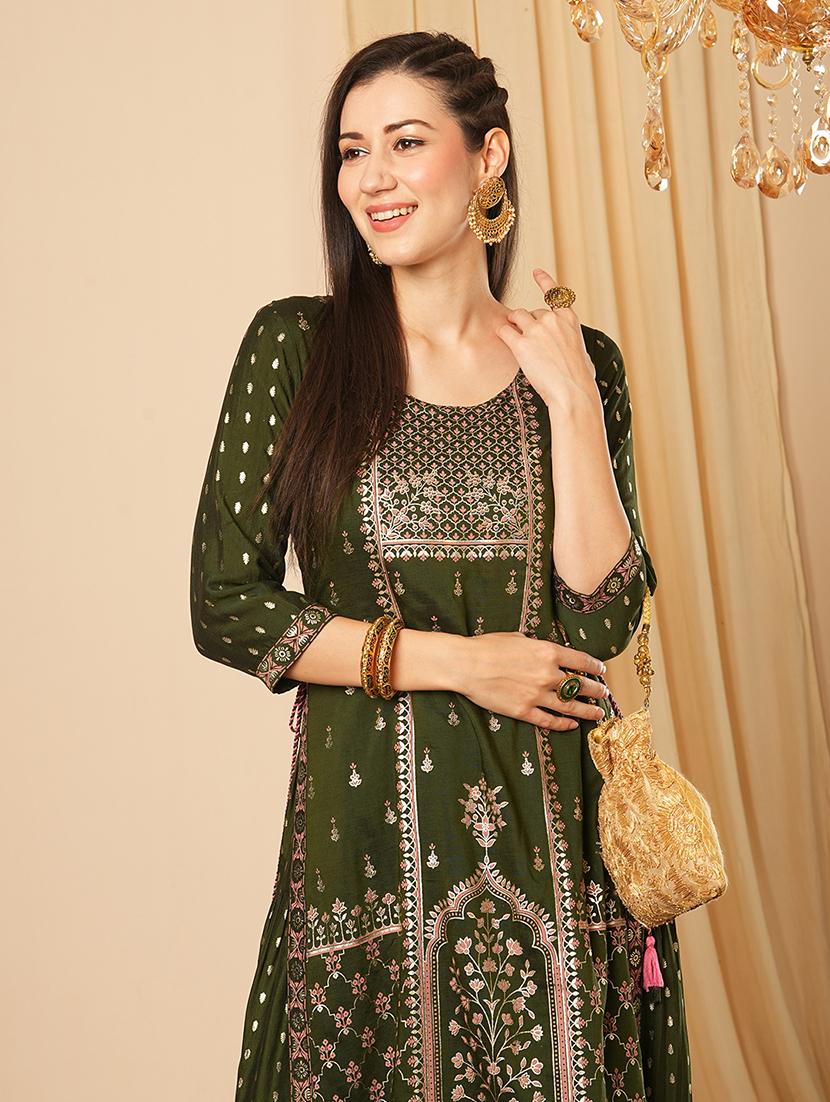 globus women green gold foil ethnic & floral print layered a-line festive kurta - 21554219 - Standard Image - 3