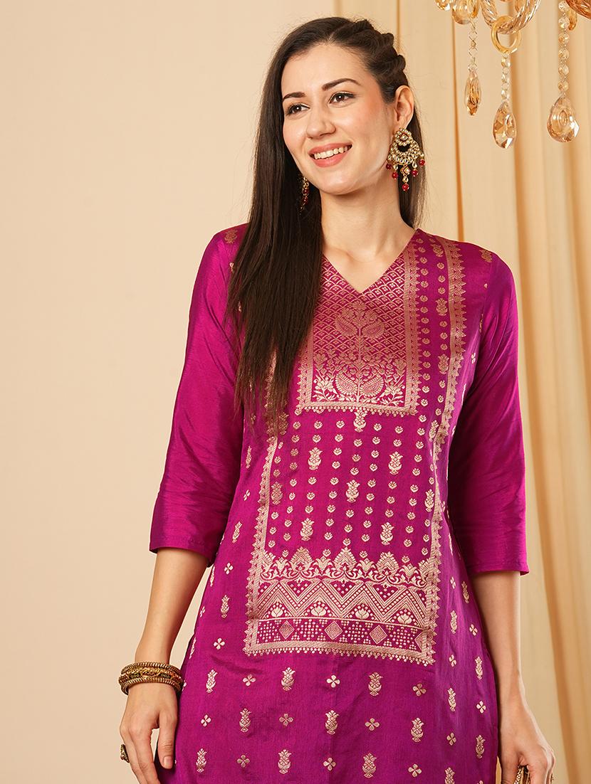globus women magenta v-neck brocade gold ethnic motifs jaal print straight kurta with elasticated pants festive set - 21554281 - Standard Image - 3