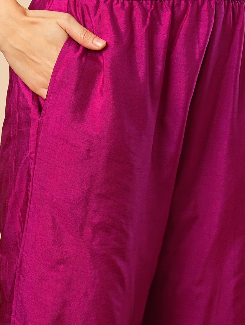 globus women magenta v-neck brocade gold ethnic motifs jaal print straight kurta with elasticated pants festive set - 21554281 - Standard Image - 5