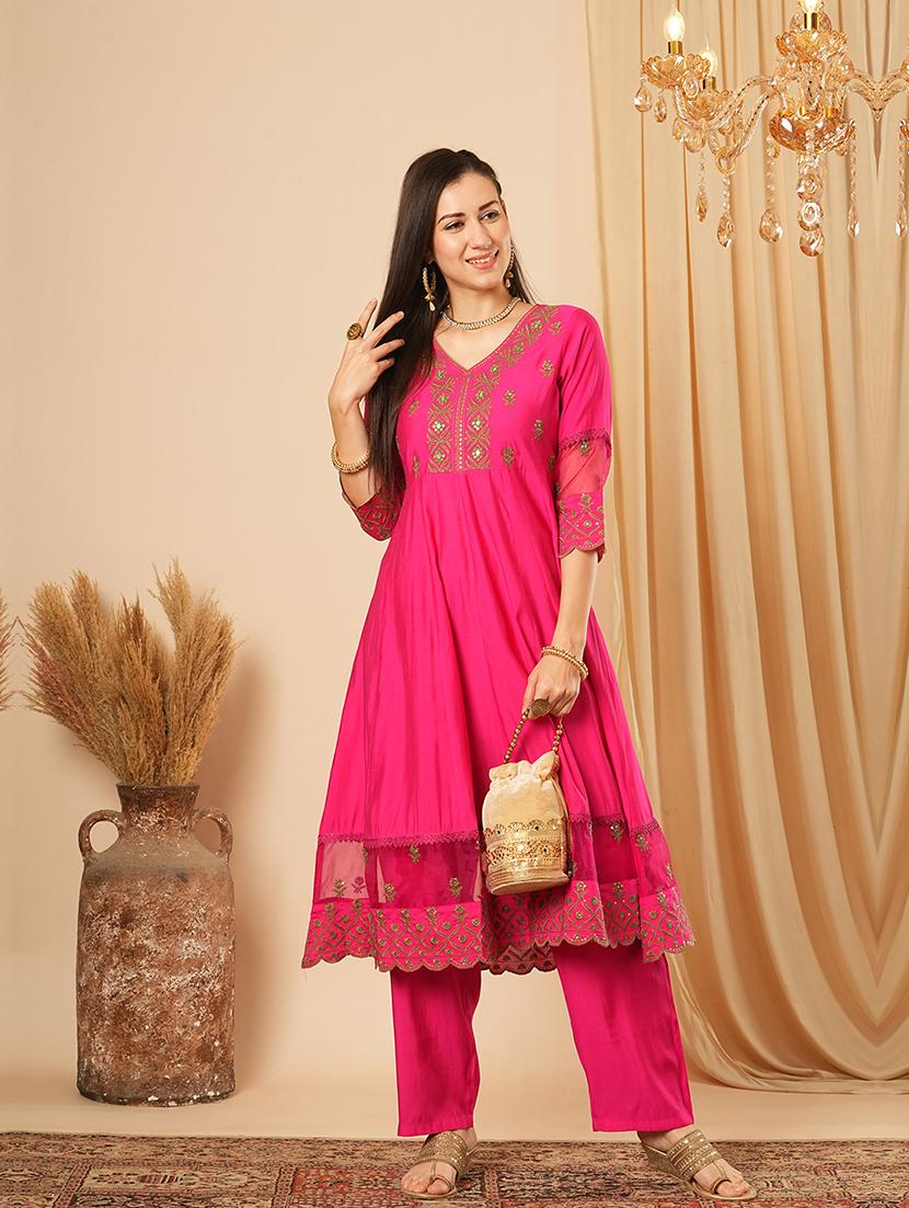 globus women pink sequinned & embroidered yoke panelled scalloped hem anarkali kurta with elasticated pants festive set - 21554282 -  Zoom Image - 0