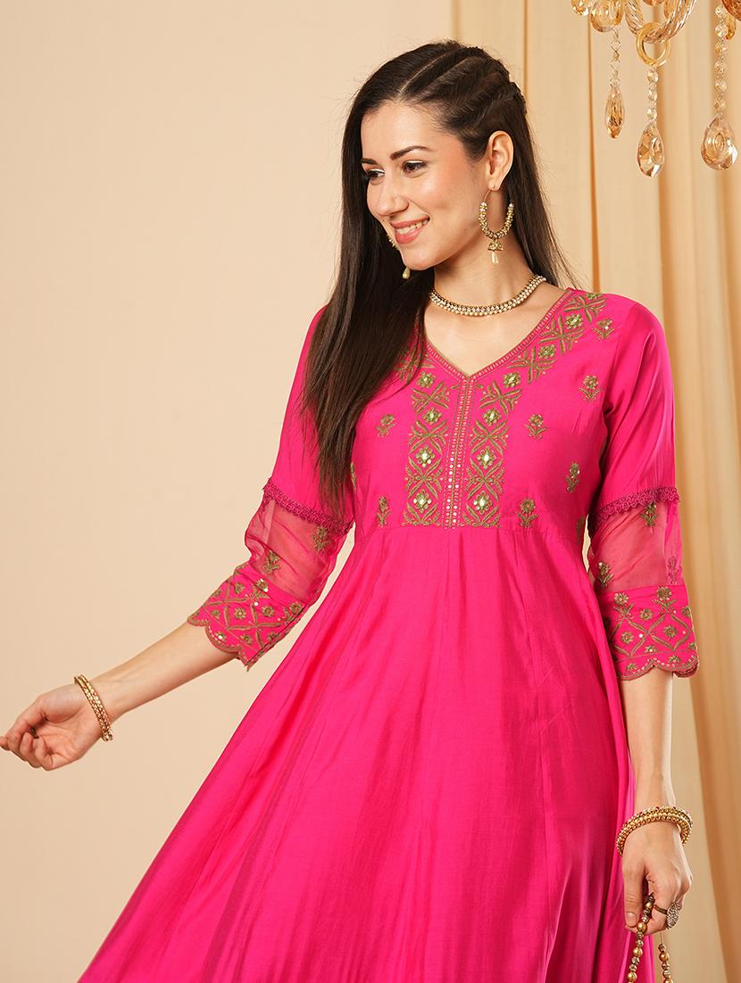 globus women pink sequinned & embroidered yoke panelled scalloped hem anarkali kurta with elasticated pants festive set - 21554282 - Standard Image - 3