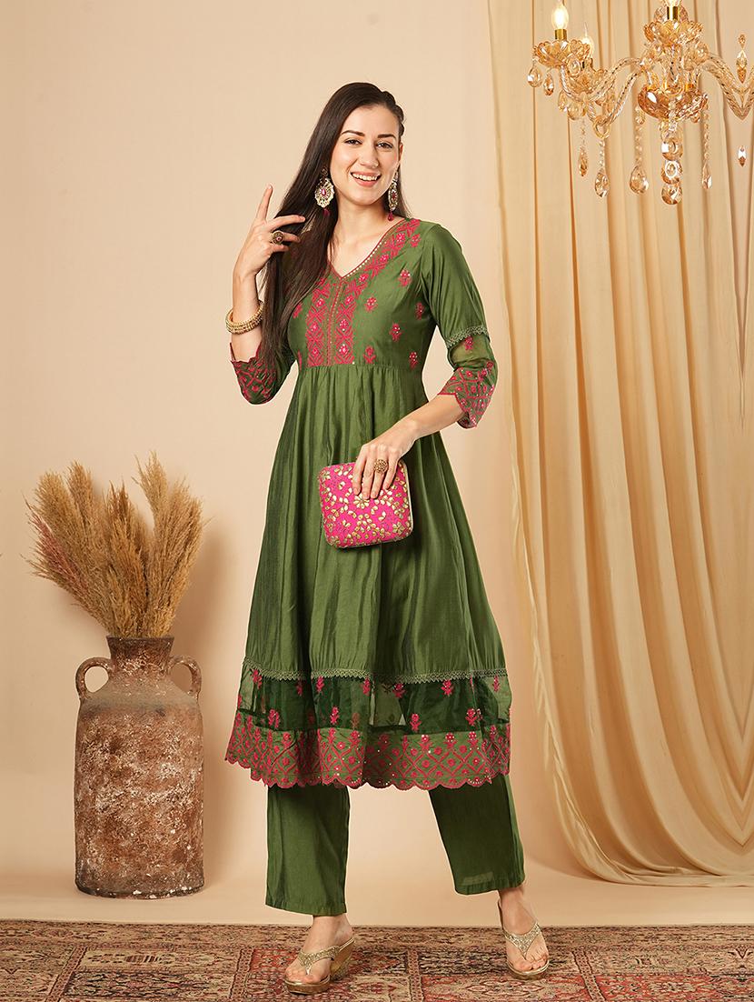 globus women green sequinned & embroidered yoke panelled scalloped hem anarkali kurta with elasticated pants festive set - 21554283 - Zoom Image - 0