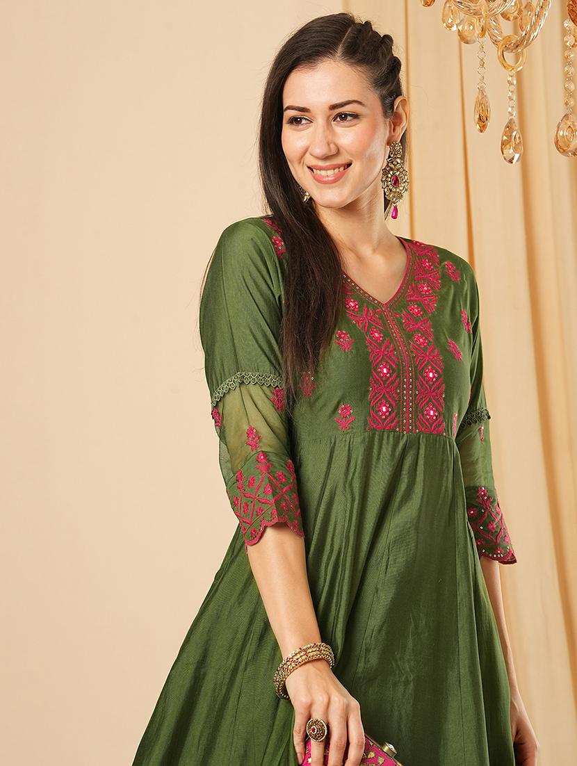 globus women green sequinned & embroidered yoke panelled scalloped hem anarkali kurta with elasticated pants festive set - 21554283 - Standard Image - 3