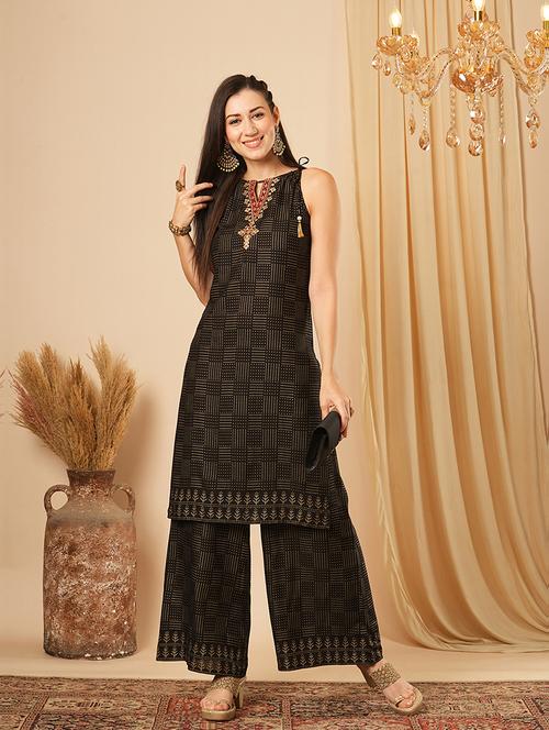 globus women black tie-up halter keyhole neck embroidery detail geometric polka dots straight kurta with palazzos festive set - 21554286 - Standard Image - 0