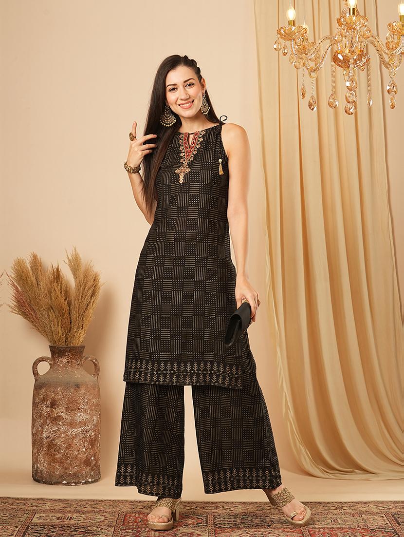 globus women black tie-up halter keyhole neck embroidery detail geometric polka dots straight kurta with palazzos festive set - 21554286 - Zoom Image - 0
