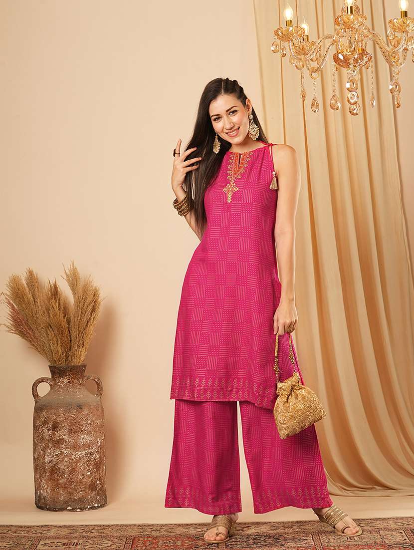 globus women pink tie-up halter keyhole neck embroidery detail geometric polka dots straight kurta with palazzos festive set