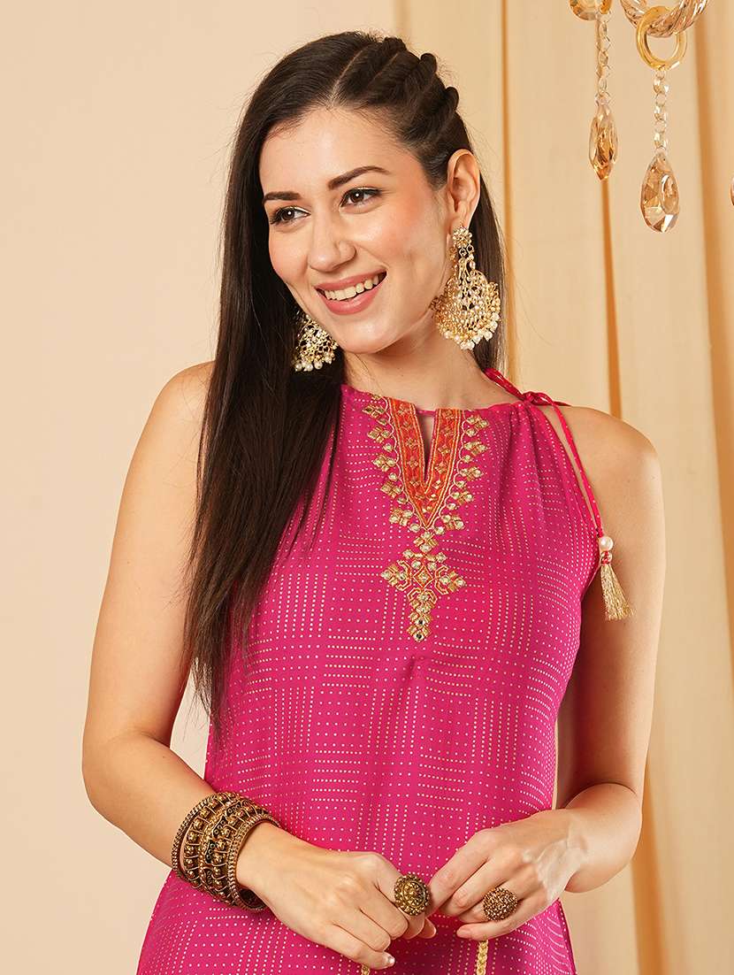 globus women pink tie-up halter keyhole neck embroidery detail geometric polka dots straight kurta with palazzos festive set - 21554287 -  Standard Image - 3