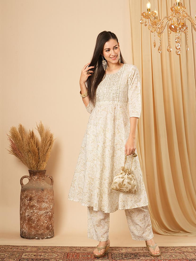 globus women white sequinned embroidered yoke allover floral print panelled anarkali kurta with narrow pants festive set - 21554288 - Zoom Image - 0