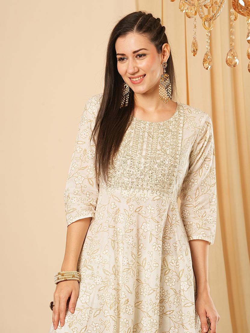 globus women white sequinned embroidered yoke allover floral print panelled anarkali kurta with narrow pants festive set - 21554288 - Standard Image - 3