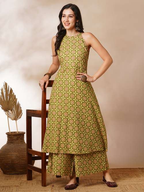 globus women green halter neck allover geometric printed workwear a-line kurta with elasticated pants - 21554292 - Standard Image - 0