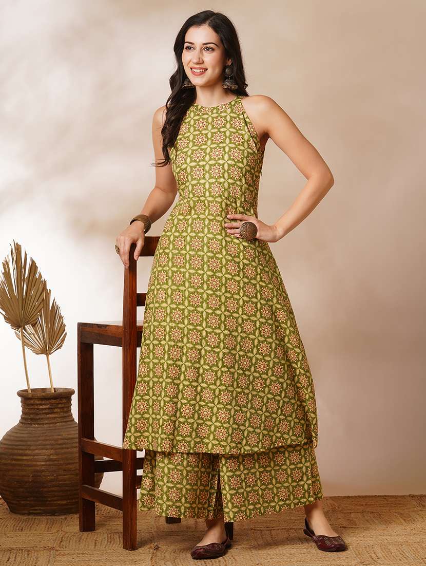 globus women green halter neck allover geometric printed workwear a-line kurta with elasticated pants - 21554292 - Zoom Image - 0