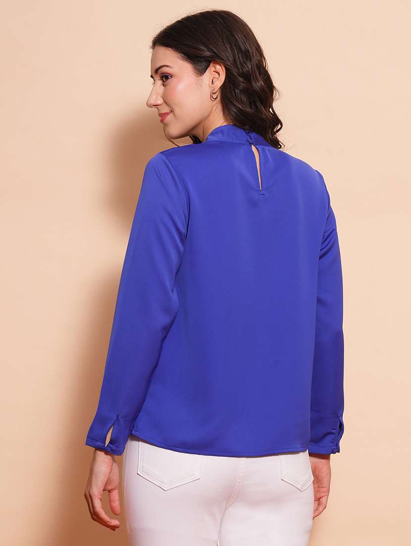 globus women blue v-neck long sleeves solid pleats detail workwear wrap top - 21554319 -  Standard Image - 3