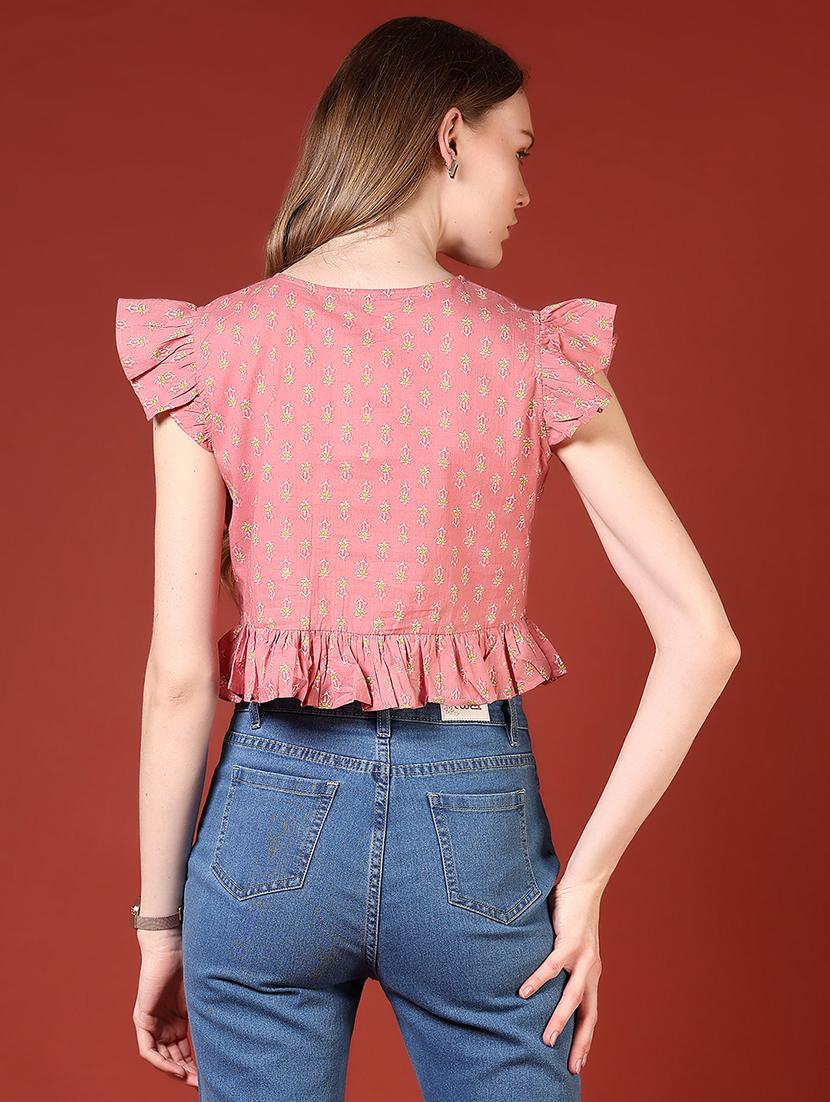 women printed flute sleeve crop top - 21554814 - Standard Image - 3
