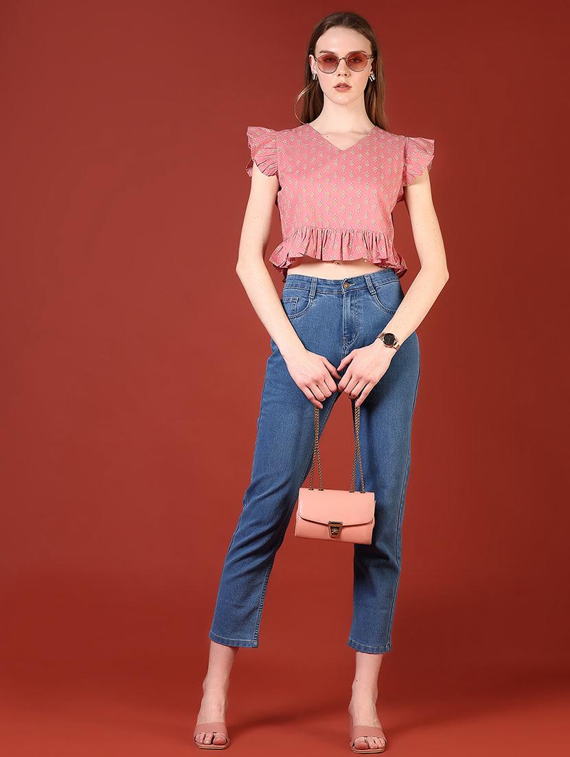 women printed flute sleeve crop top - 21554814 - Standard Image - 5