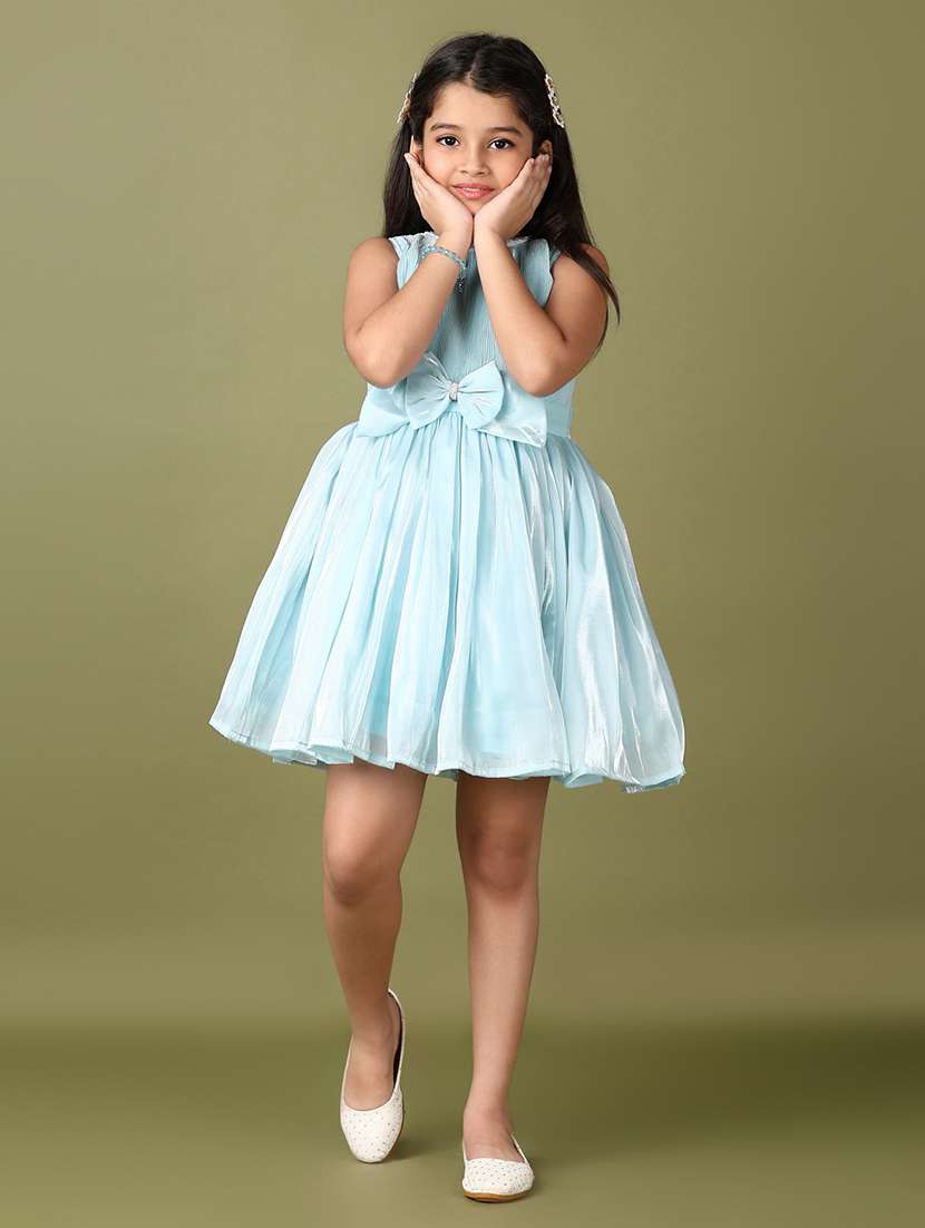 girls light blue solid round neck frock