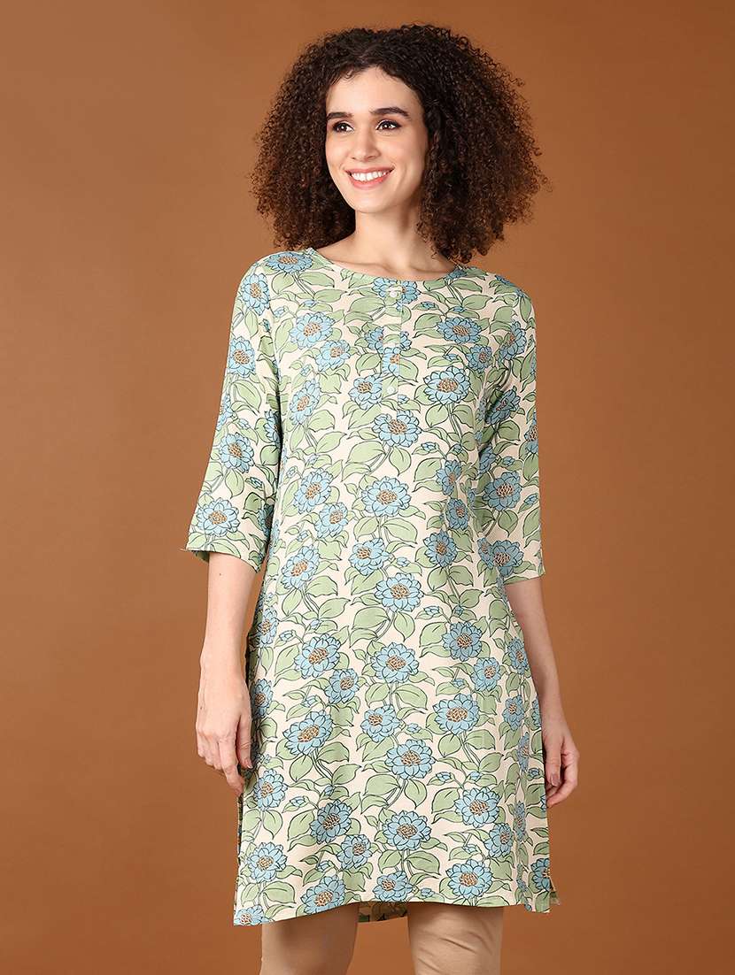 women floral three quarter sleeve straight kurta