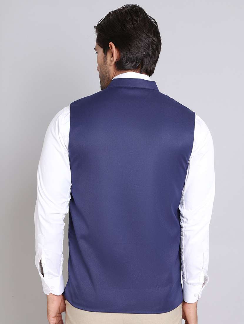 navy blue cotton blend nehru jacket - 21555192 -  Standard Image - 3