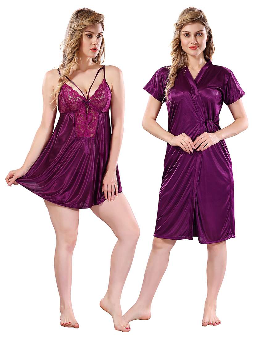 women lace detailed nighty with robe - 21555307 - Zoom Image - 0