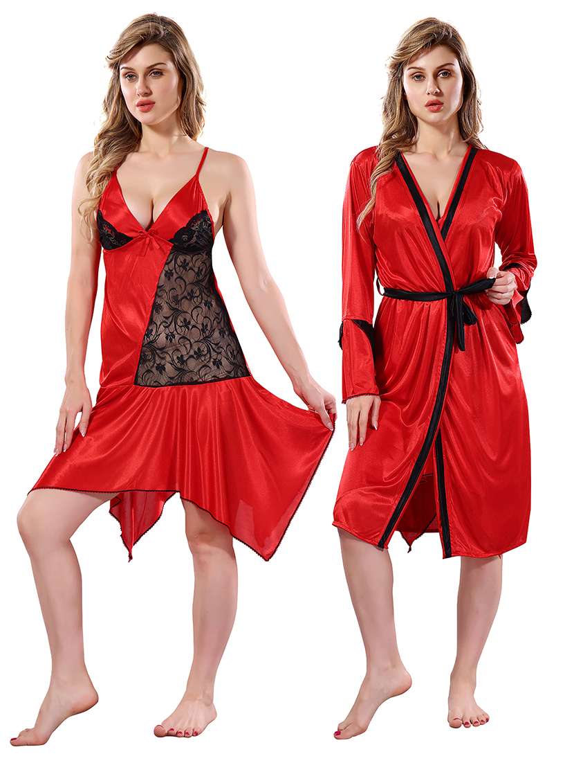 women lace detailed nighty with robe - 21555315 -  Zoom Image - 0