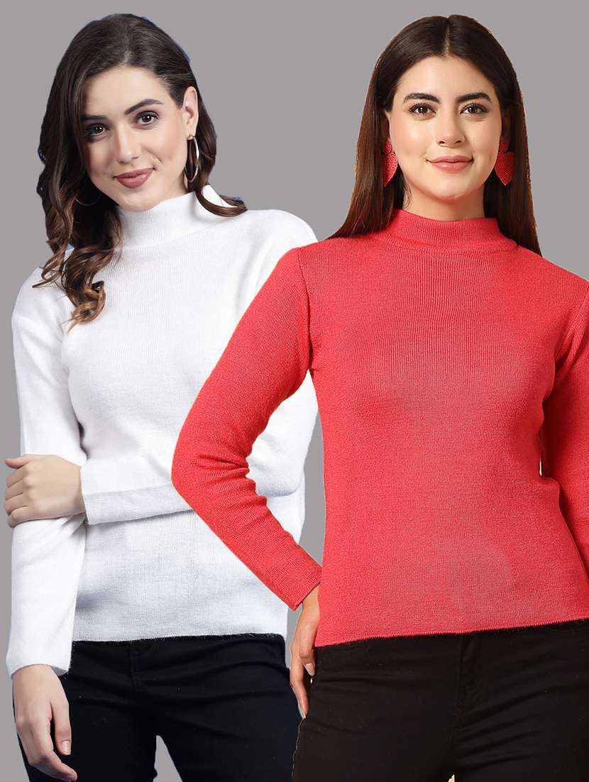 women pack of 2 solid high neck long sleeve top