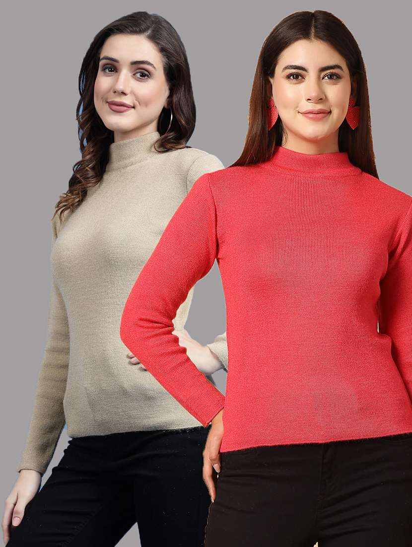 women pack of 2 solid high neck long sleeve top