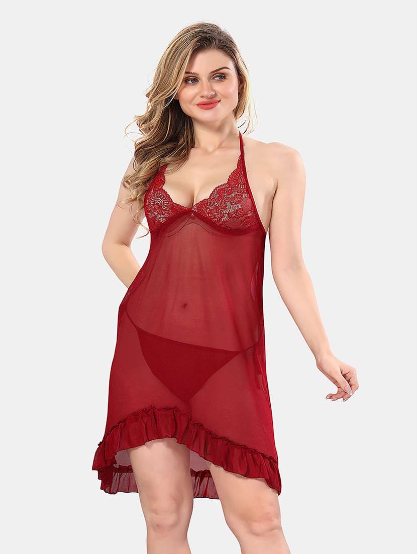 women solid lace detailed babydoll