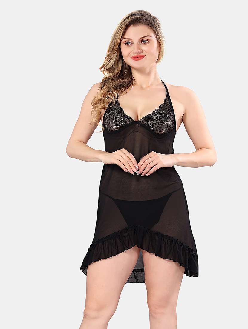 women solid lace detailed babydoll