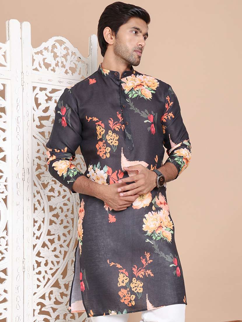 men mandarin neck floral printed long kurta