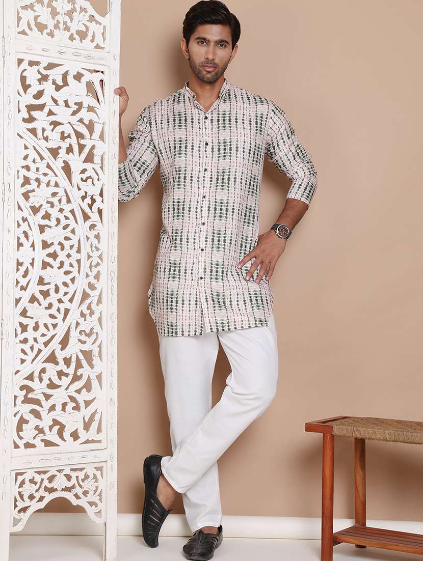 men printed mandarin neck long kurta