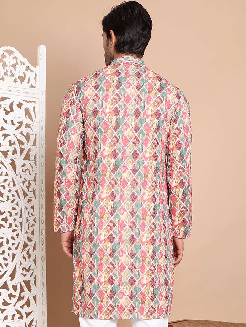 men mandarin neck embroidered long kurta - 21555451 - Standard Image - 3