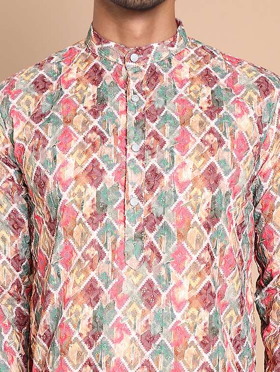 men mandarin neck embroidered long kurta - 21555451 - Standard Image - 5
