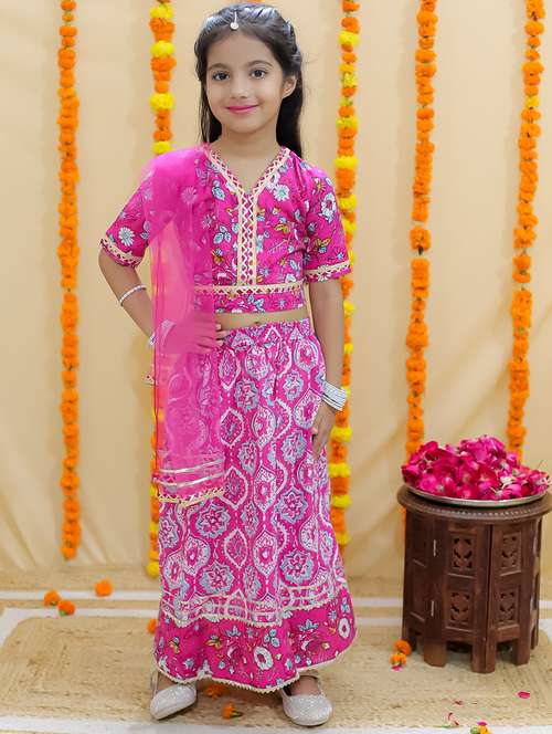 girls printed short sleeves lehenga choli set - 21555830 - Standard Image - 0