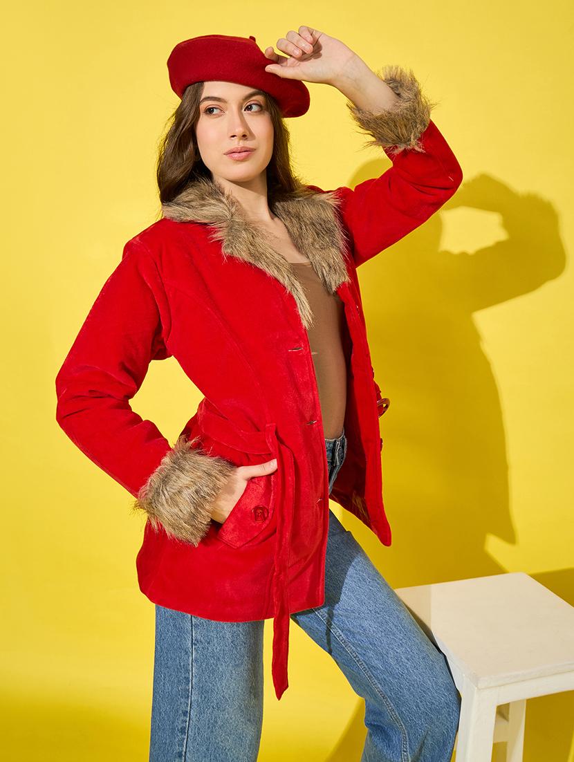 women solid long sleeves fur jacket - 21555872 - Standard Image - 3