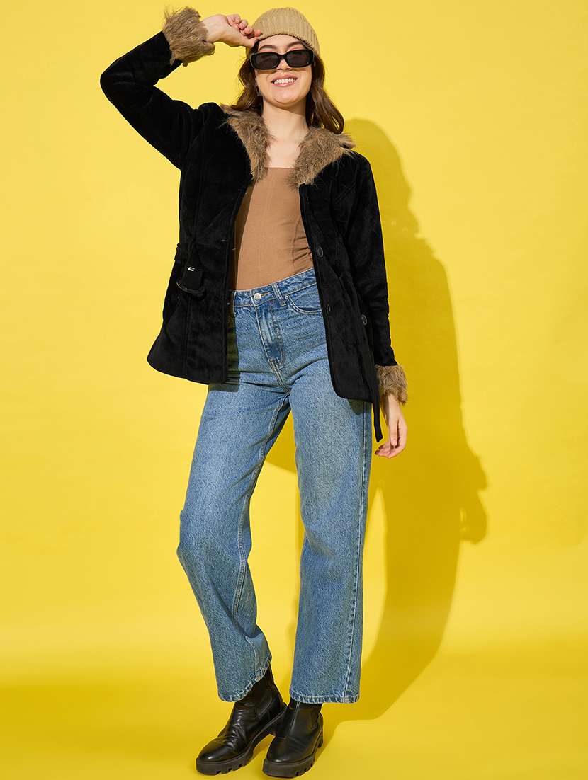 women solid long sleeves fur jacket - 21555874 - Standard Image - 3