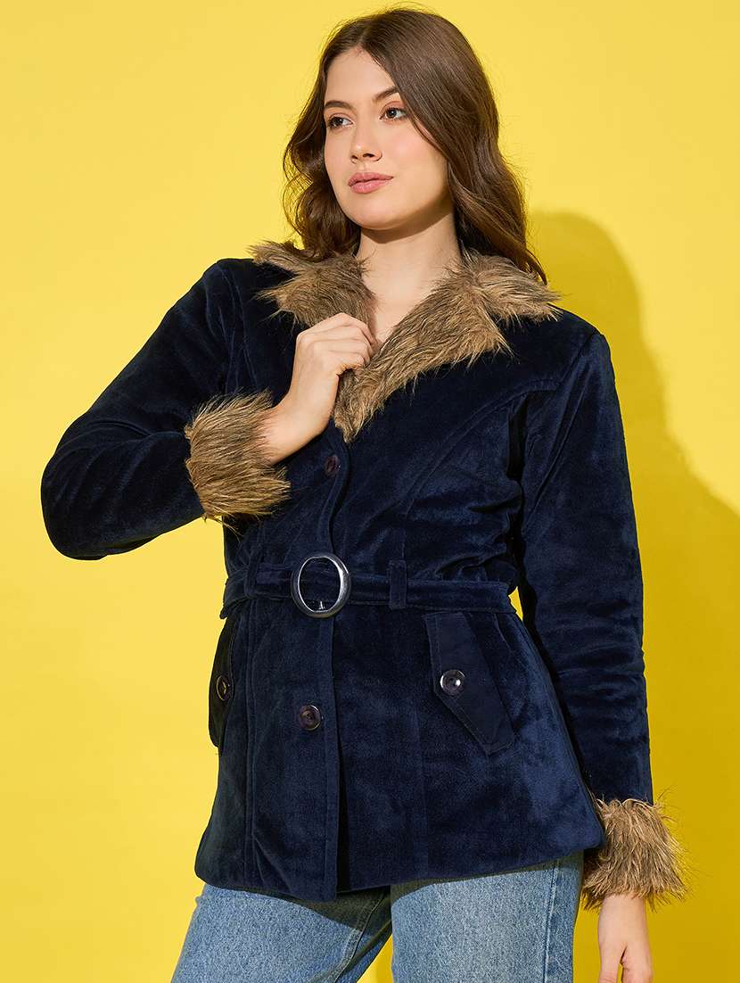 women solid long sleeves fur jacket