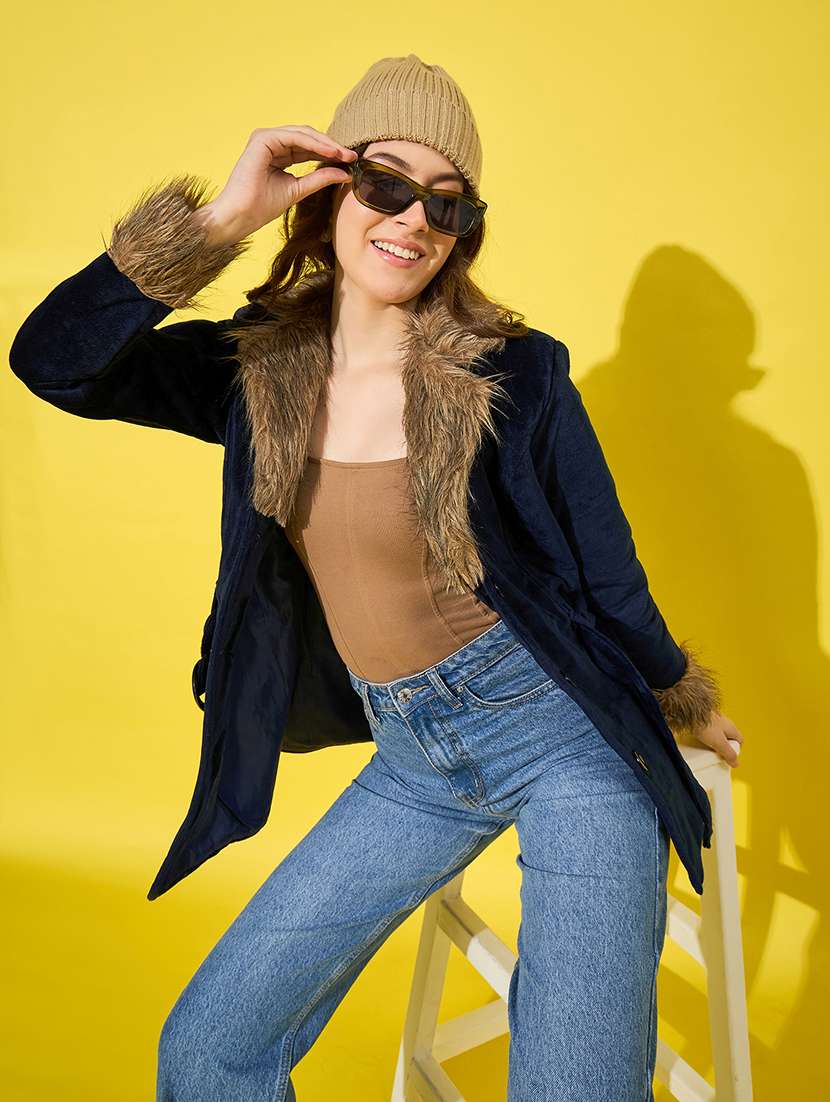 women solid long sleeves fur jacket - 21555875 -  Standard Image - 3