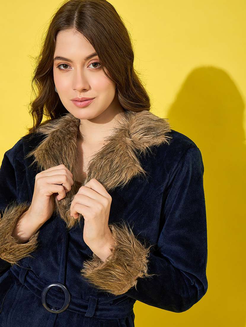 women solid long sleeves fur jacket - 21555875 -  Standard Image - 5