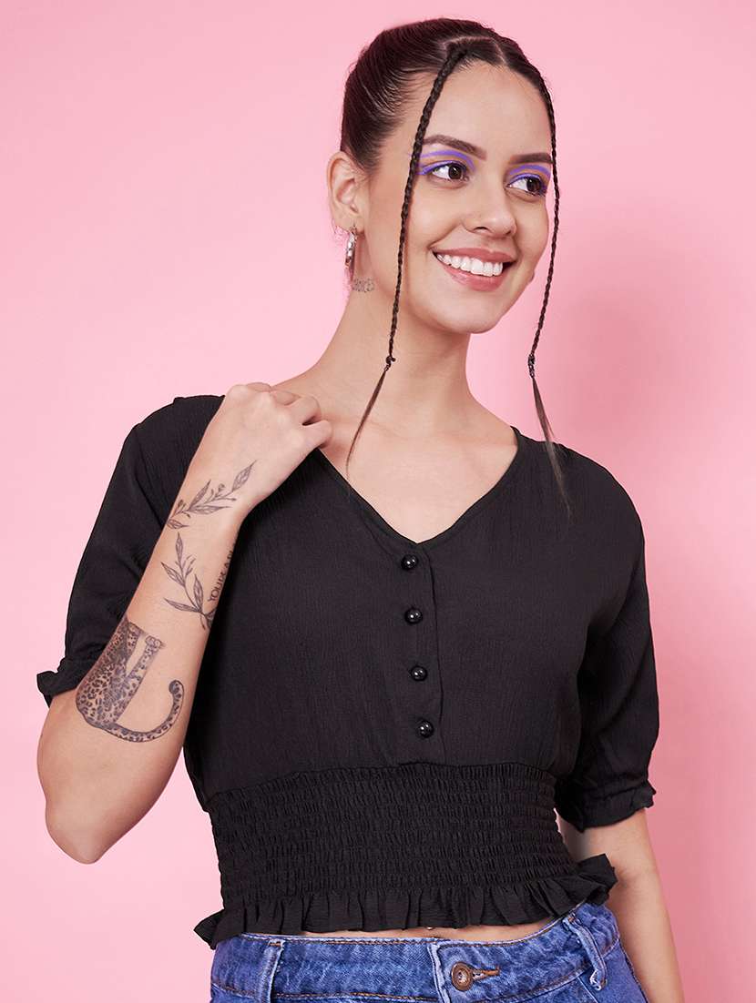 women solid v neck crop top - 21555926 -  Zoom Image - 0