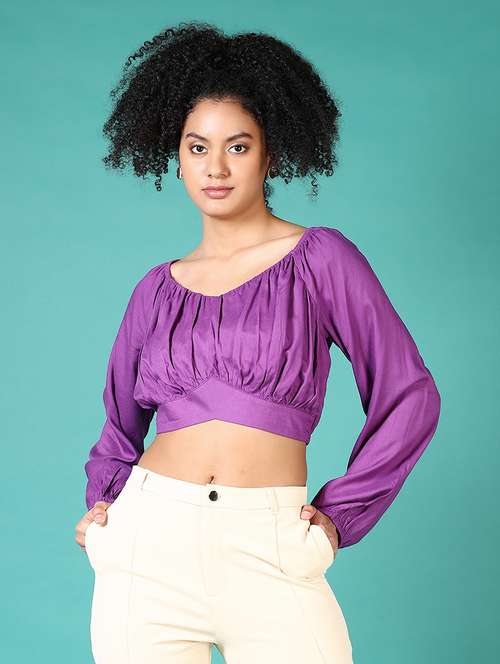 women solid long sleeve crop top - 21556140 -  Standard Image - 0