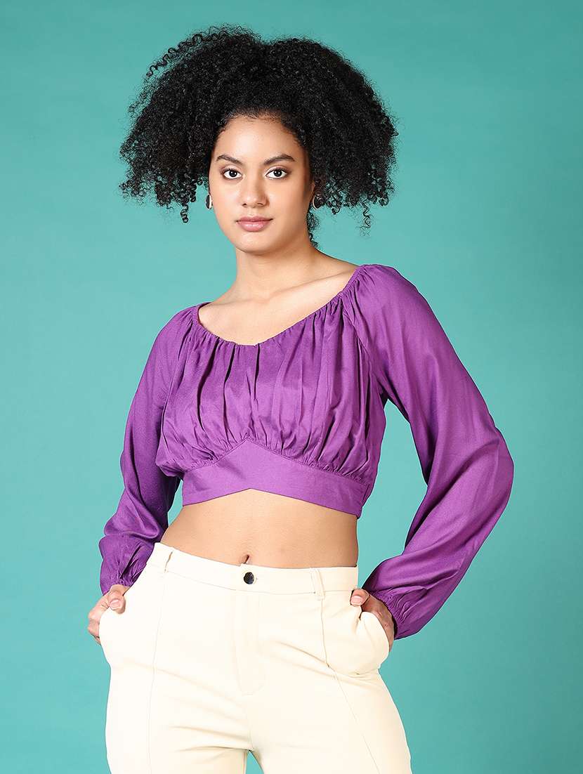 women solid long sleeve crop top