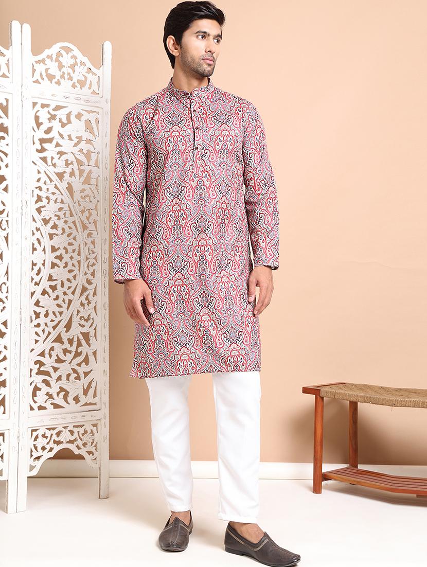 men mandarin neck printed kurta pyjama set - 21556440 - Zoom Image - 0